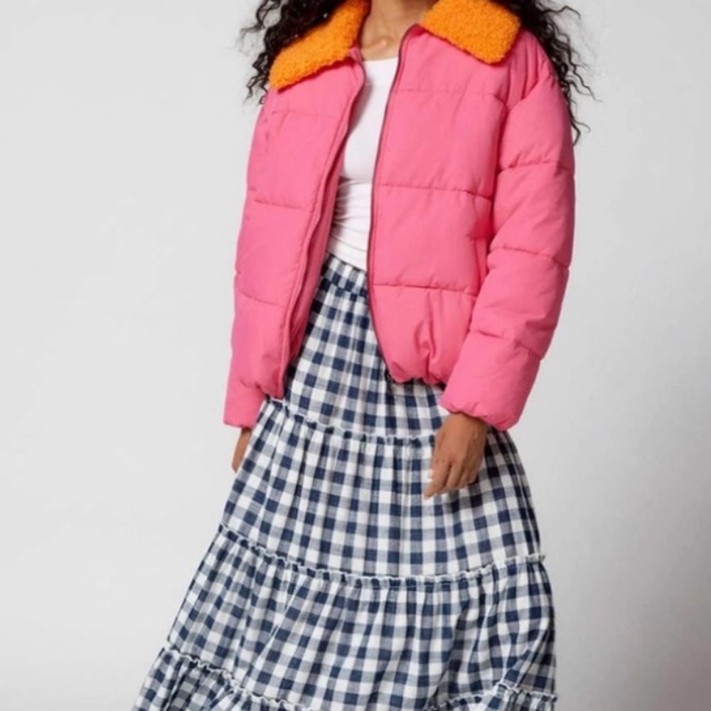 NWOT Urban Outfitters Pink Puffer Jacket Duckie Faux Shearling Collar XS NEW